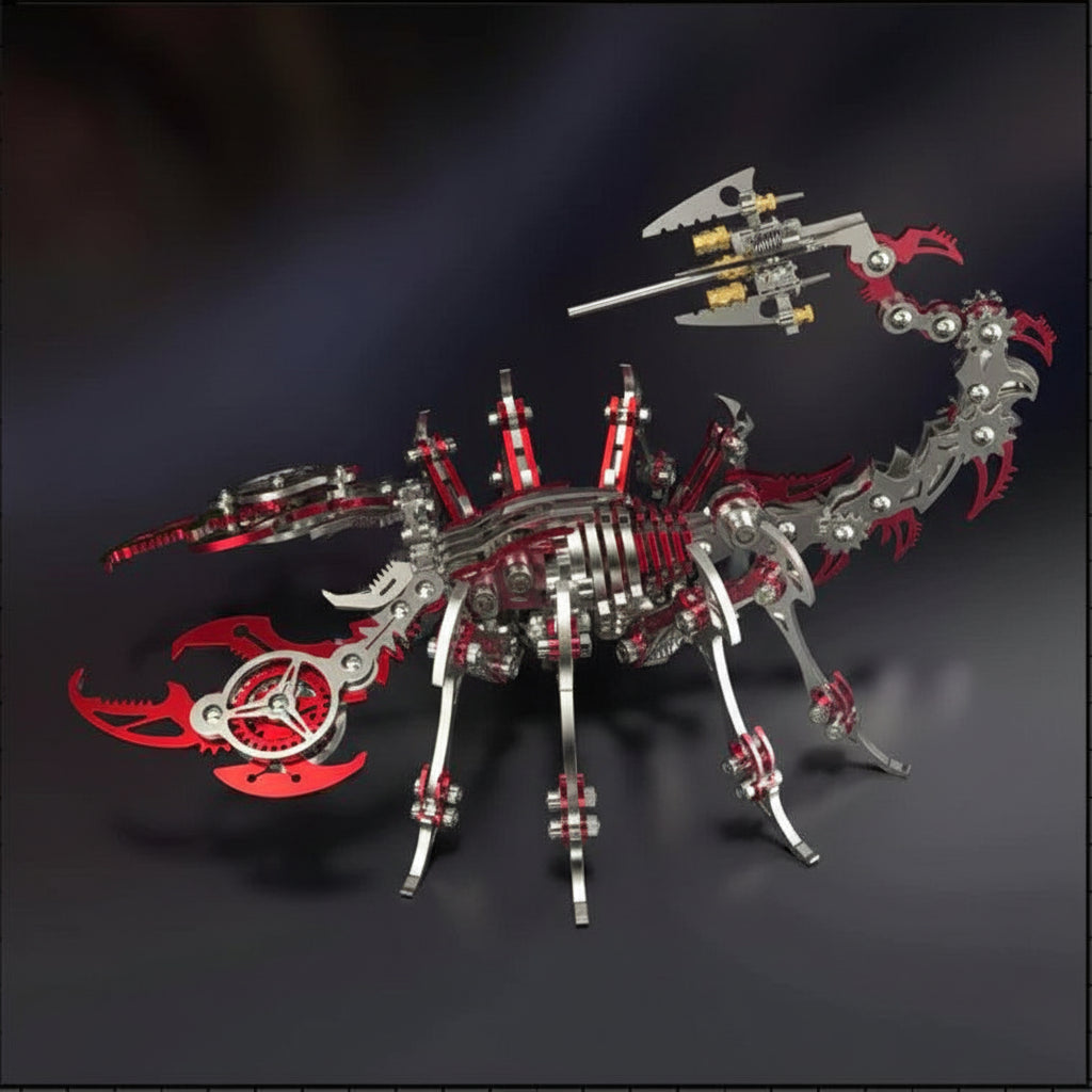Red metal scorpion puzzle assembled 3D mechanical model articulated tail with gear details – Red