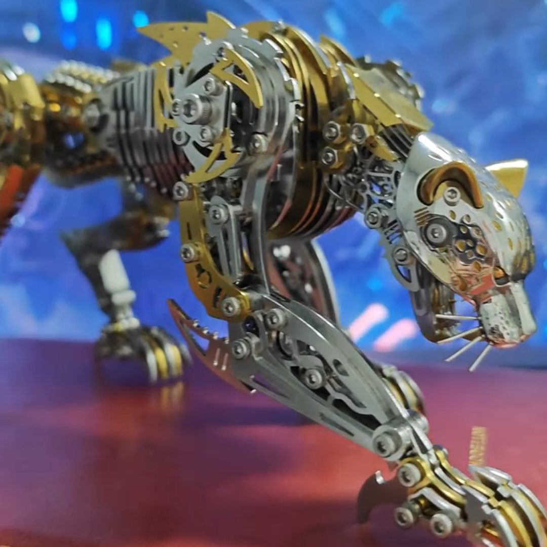steampunk leopard sculpture diy stainless steel puzzle with exposed gears articulated claws and spiked tail