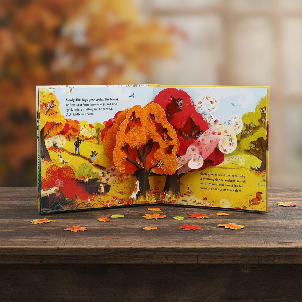 3D pop-up autumn trees scene from kids hardcover storybook with paper-craft fall foliage pop-ups for ages 3 to 6 – Seasons