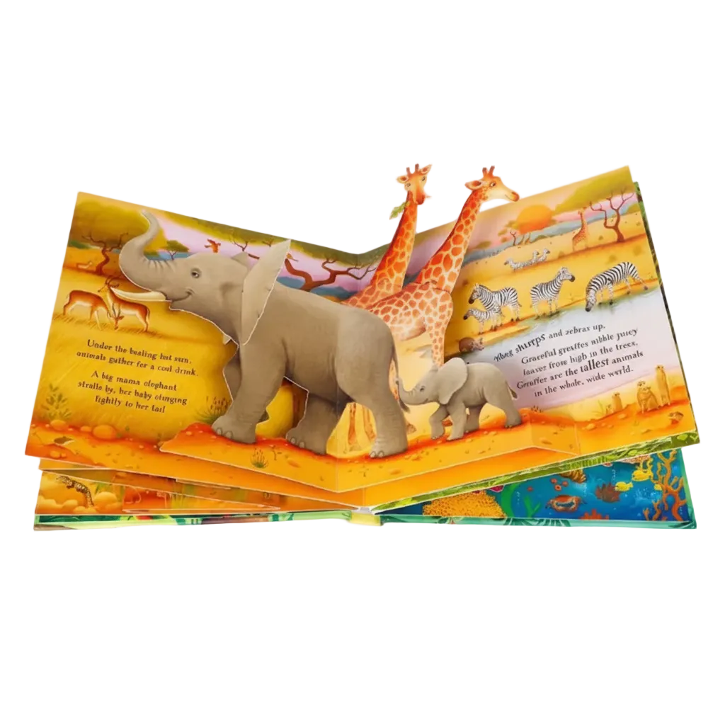 3D pop-up animal scene from kids hardcover storybook with elephant and sea-turtle pop-ups for preschool ages 3 to 6 – Dinosaurs, Nature, Butterflies, Cinderella, Garden, Jungle, Sleeping Beauty, Seasons, Snow White, Three Little Pigs, Animals, Space, Christmas, London