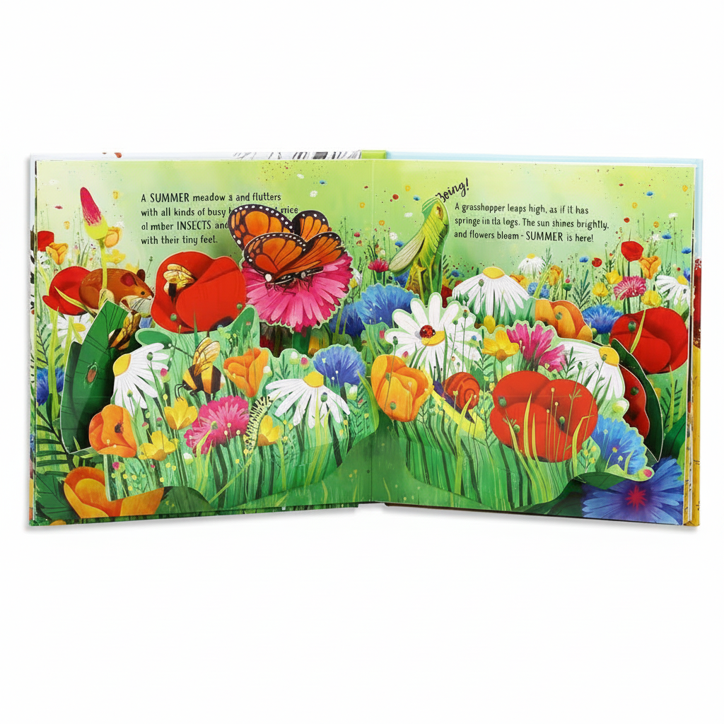 3D pop-up seasons scene from kids hardcover storybook with autumn trees and summer flowers pop-ups for ages 3 to 6 – Dinosaurs, Nature, Butterflies, Cinderella, Garden, Jungle, Sleeping Beauty, Seasons, Snow White, Three Little Pigs, Animals, Space, Christmas, London