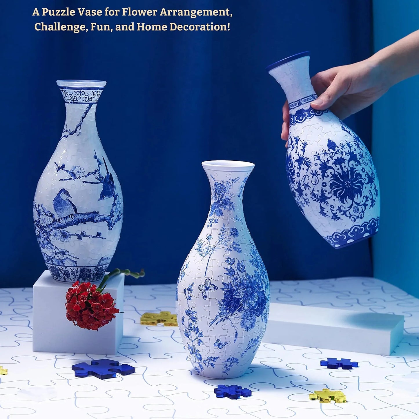puzzle vase in hand lifestyle white bird peony 3d puzzle flower vase kit decorative home decor for craft lovers — White, Blue, Crane, Pinecone, Peony, Deep Blue, Yellow Flower, Sunflower, Boat, Orchid, Starry Night, Plum Blossom, Panda, Bird, Blue Flower