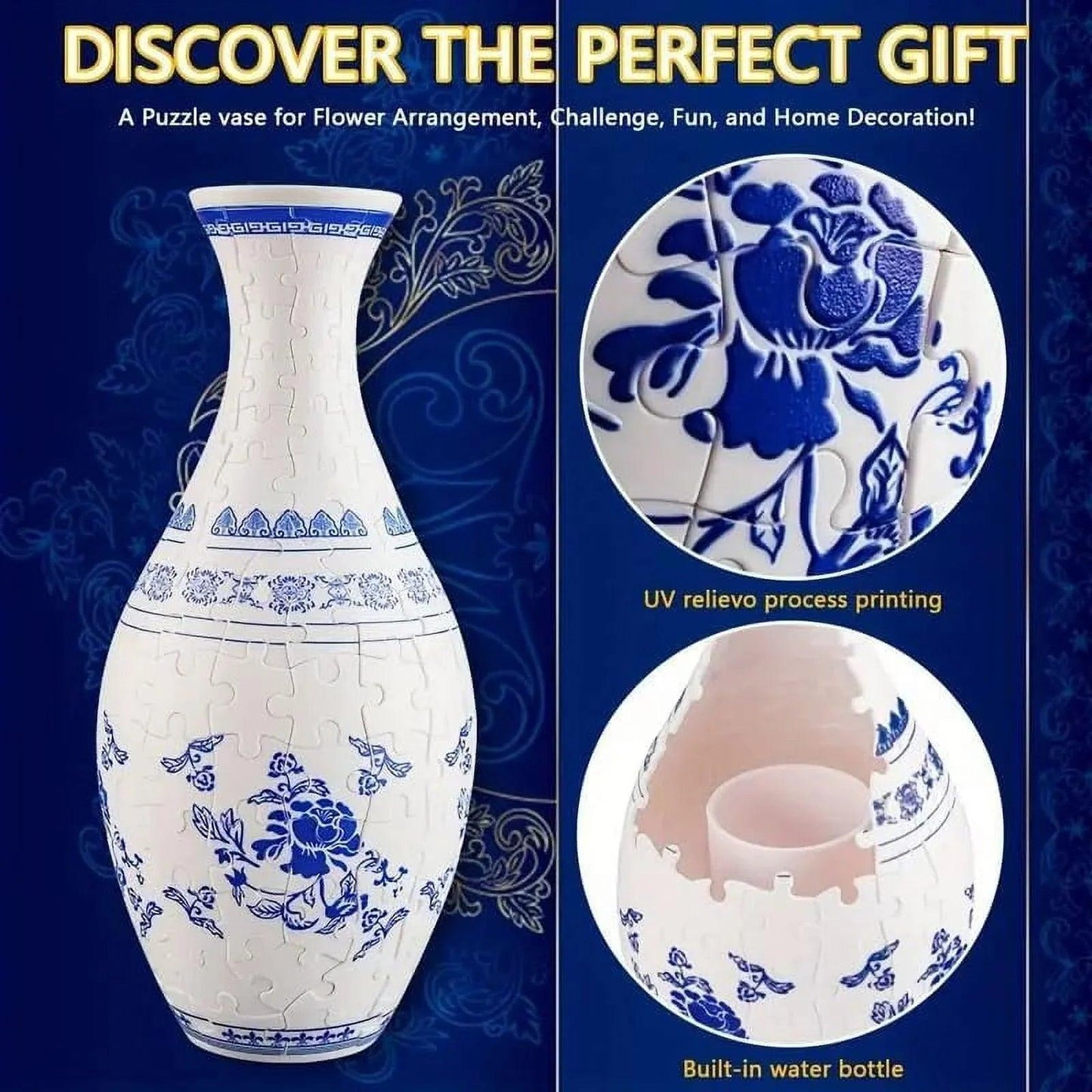 puzzle flower vase water bottle insert holds real flowers 3d puzzle vase 160 piece DIY kit functional home decor — White, Blue, Crane, Pinecone, Peony, Deep Blue, Yellow Flower, Sunflower, Boat, Orchid, Starry Night, Plum Blossom, Panda, Bird, Blue Flower