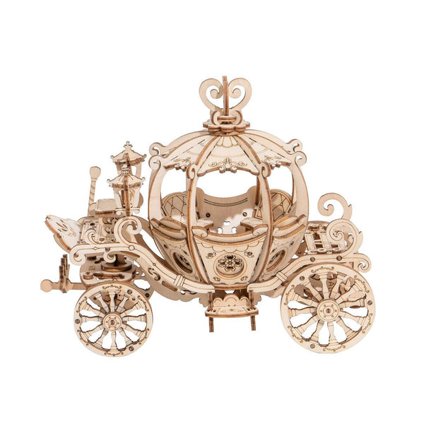 pumpkin carriage 3d wooden puzzle kit, fairy tale coach model that finishes as storybook shelf decor