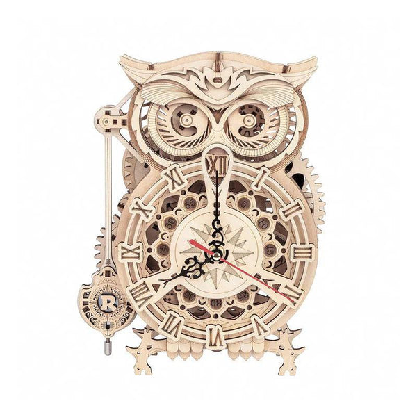 wooden owl clock model kit with roman numeral dial and swinging pendulum, mechanical desk clock for adults