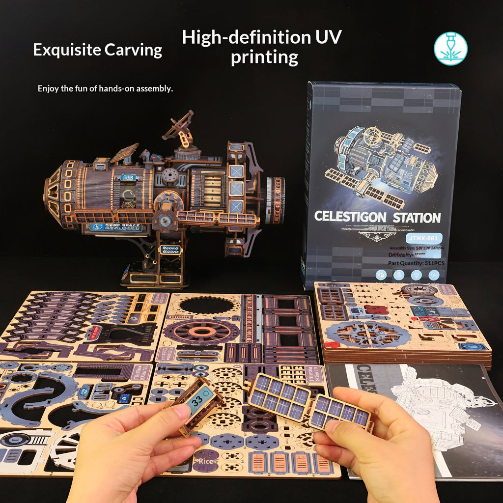 DIY 3D wooden puzzle space station kit with UV printed wooden sheets and box, hands-on STEM building project, Sky Blue, Black