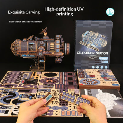 DIY 3D wooden puzzle space station kit with UV printed wooden sheets and box, hands-on STEM building project, Sky Blue, Black