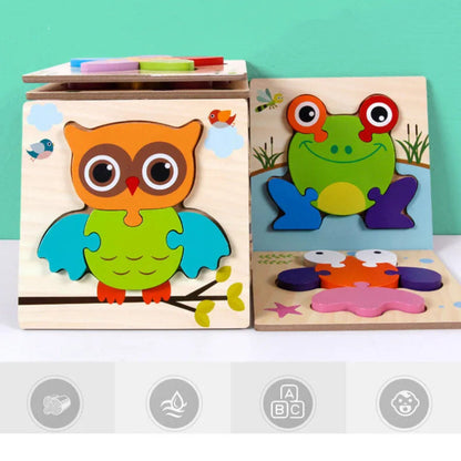 wooden puzzle baby simple jigsaw toddler chunky 3D montessori safe learning – Frog, Owl Branch, Owl Stars, Crab, Butterfly, Ladybug, Bee, Duck, Car