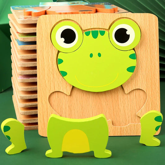 3D wooden puzzle for toddlers chunky frog cartoon animal jigsaw montessori early learning toy gift – Frog