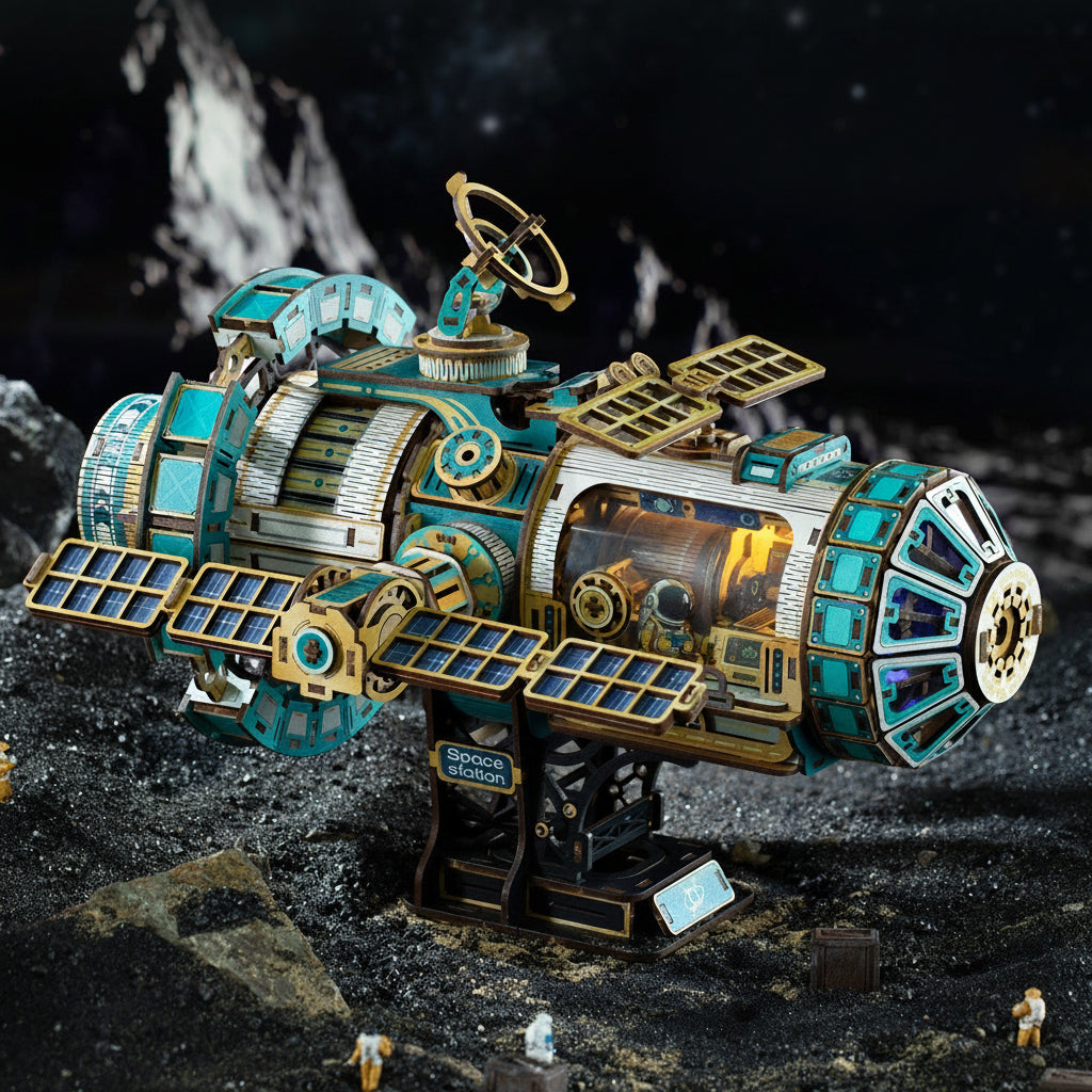 motorized 3D wooden space station model kit glowing on a lunar base, sci-fi desk decor and gift for space lovers, Sky Blue