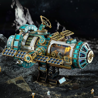 motorized 3D wooden space station model kit glowing on a lunar base, sci-fi desk decor and gift for space lovers, Sky Blue