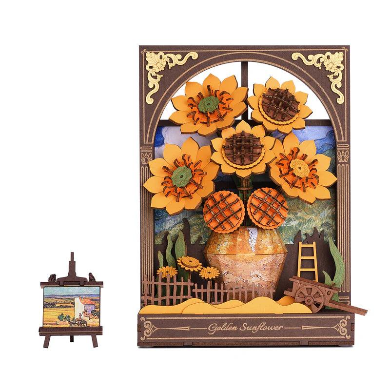 3d wooden puzzle night light sunflower DIY lamp kit 266 piece warm LED flower decor gift for her Golden Sunflower, Sunflower & Water Lily