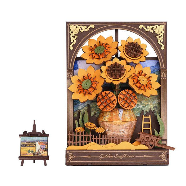 3d wooden puzzle night light sunflower DIY lamp kit 266 piece warm LED flower decor gift for her Golden Sunflower, Sunflower & Water Lily
