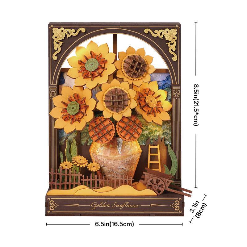 DIY wooden flower puzzle lamp kit 266 pieces no glue 3d night light warm glow living room decor Golden Sunflower, Sunflower & Water Lily