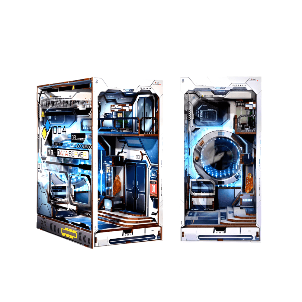 alien hub sci fi book nook kit shown from two angles with the data server corridor and lit earth porthole