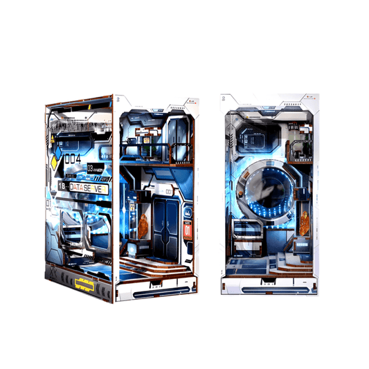 alien hub sci fi book nook kit shown from two angles with the data server corridor and lit earth porthole