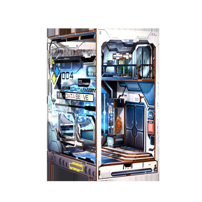 space station book nook shelf insert with blue led panels, printed hazard signage and a layered tunnel portal