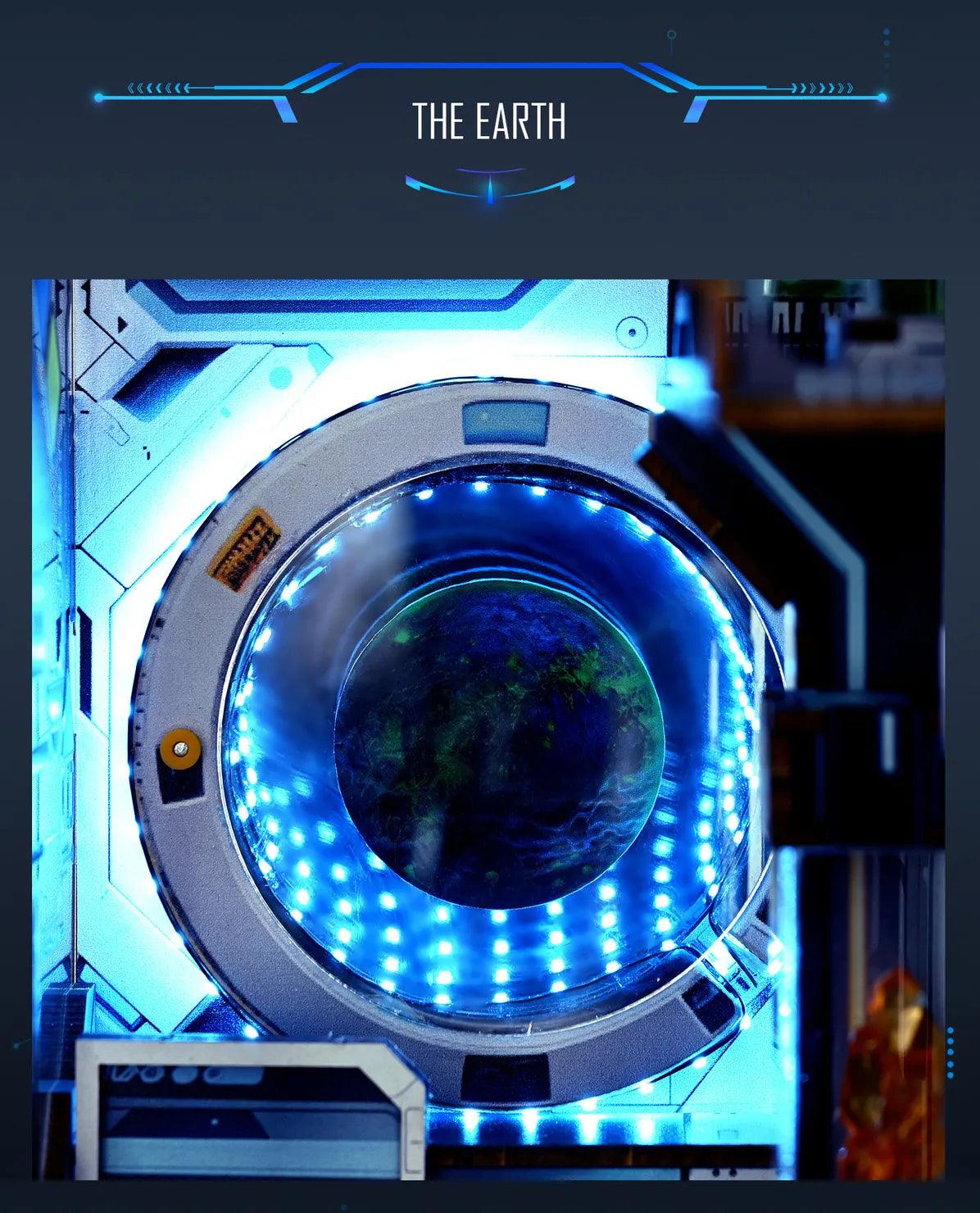 lit earth porthole window inside the wooden book nook, science fiction diorama gift for readers and adults