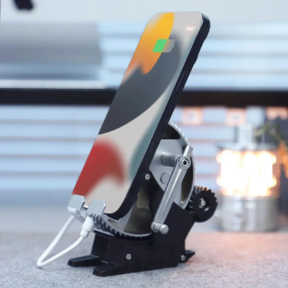 universal phone cradle on a weighted alloy base, stable tabletop stand that holds a phone at eye level