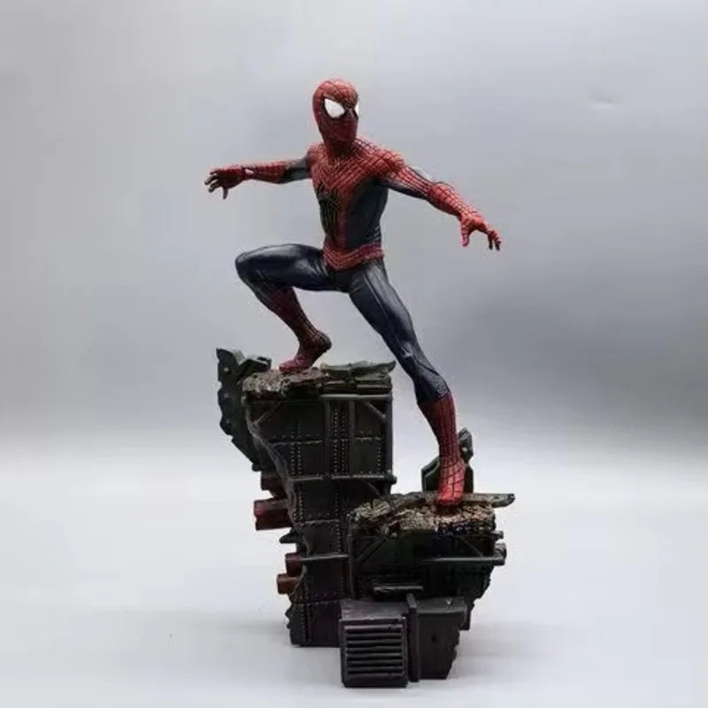 amazing spider man statue in the red and navy webbed suit stepping across a steel ruins base, 1:10 scale figurine, Amazing Suit