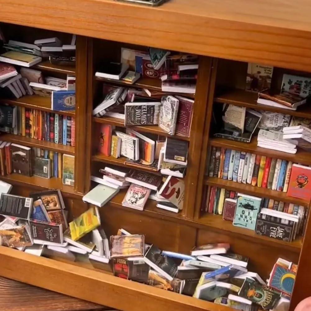 miniature books close up showing printed spines real book titles inside the anxiety bookshelf for bookworm desk decor