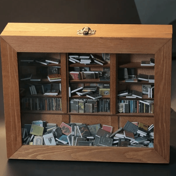 anxiety bookshelf organized arrangement with 260 mini books neatly stacked for the calm side of the tactile loop