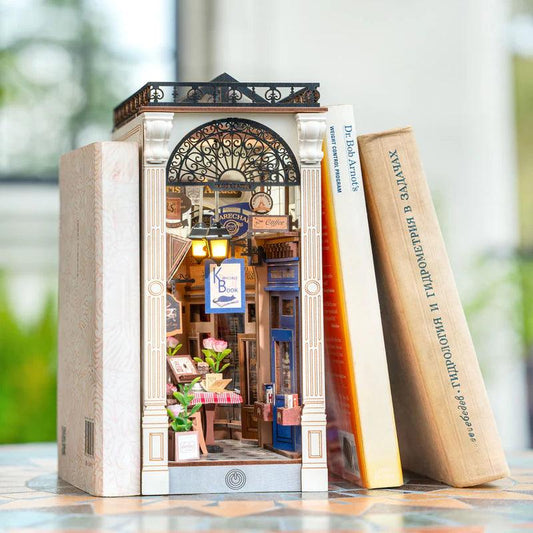 arcade book nook bookshelf insert with cabinets signage and neon lighting laser cut wooden kit for adults