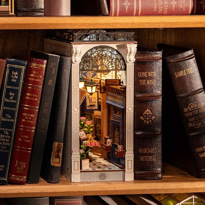 diy book nook shelf insert neon arcade storefront miniature diorama with LED for a bookcase craft gift idea