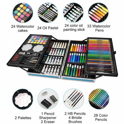 145 piece art set with watercolors oil pastels colored pencils and watercolor pens in aluminum carrying case – Blue, Pink, Astronaut