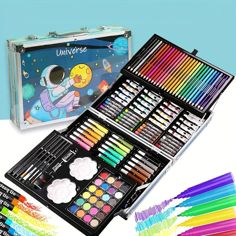 145 piece art set additional view of aluminum case watercolors oil pastels brushes and accessories – Blue, Pink, Astronaut