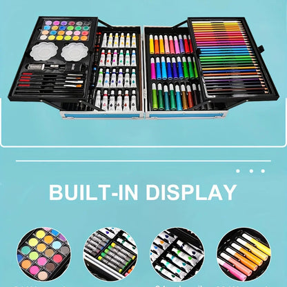 145 piece art set built in display infographic showing tray layout watercolors oil pastels and pens – Blue, Pink, Astronaut