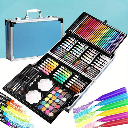 145 piece art set in pink aluminum case open with watercolor pens oil pastels colored pencils for girls – Blue, Pink, Astronaut
