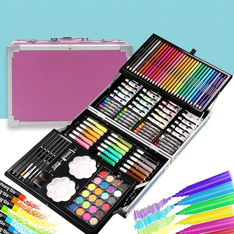145 piece art set astronaut design space themed aluminum case for kids drawing and painting birthday gift – Blue, Pink, Astronaut