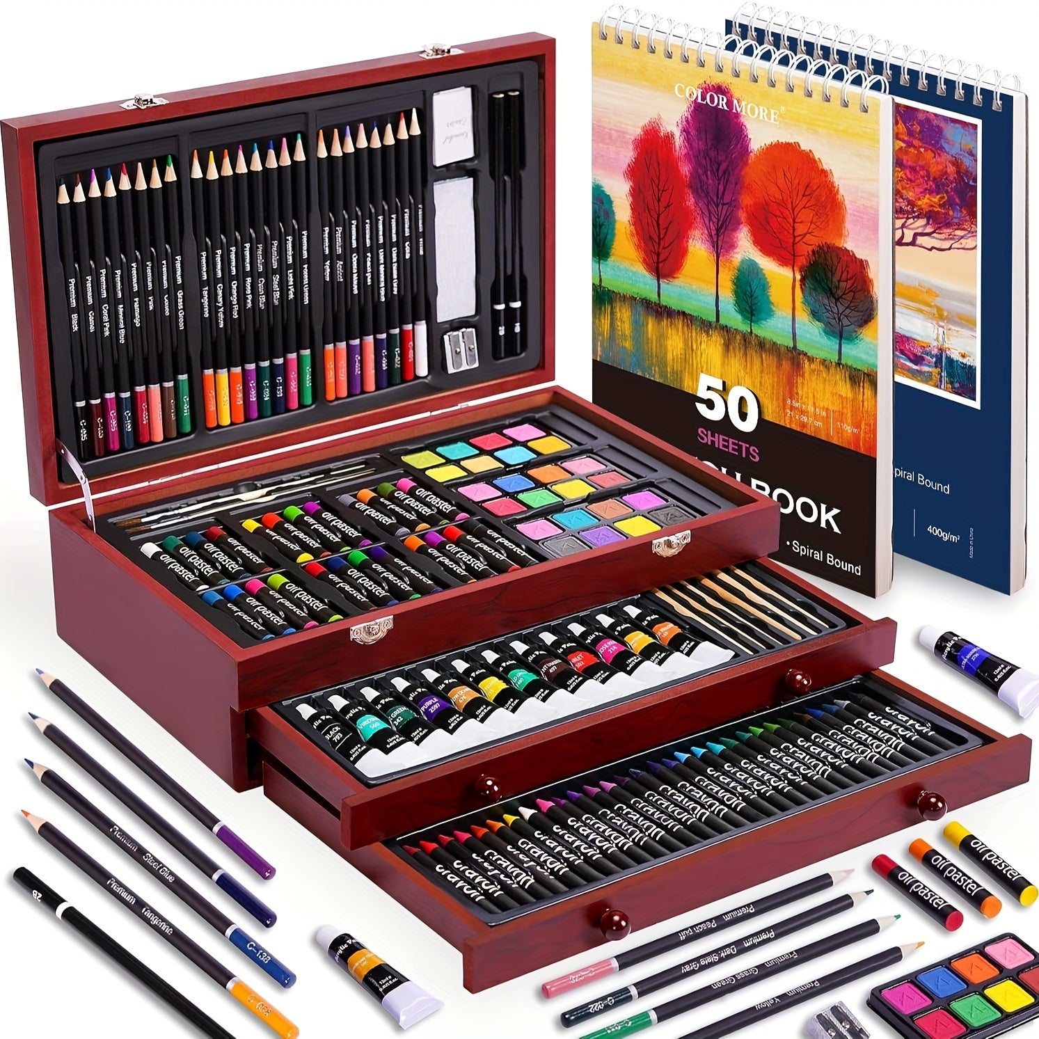 175-piece art supplies set with acrylic paints watercolors oil pastels colored pencils and wooden storage case Cherry, Pink, Blue, Purple, Brown, Tan