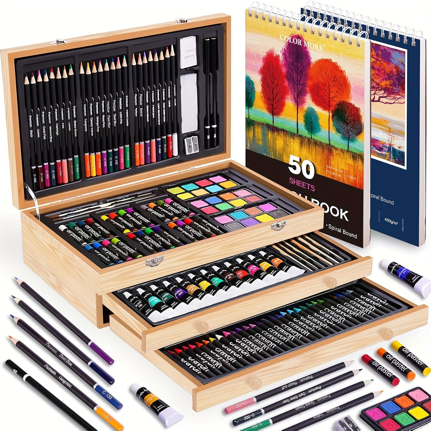 175-piece art supplies set with acrylic paints watercolors oil pastels colored pencils and wooden storage case Cherry, Pink, Blue, Purple, Brown, Tan
