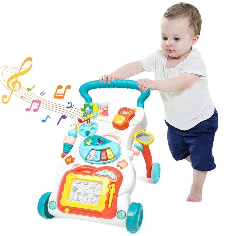 baby walker push toy with piano music keys spinning roller pretend phone first steps activity center 6m+ - Blue