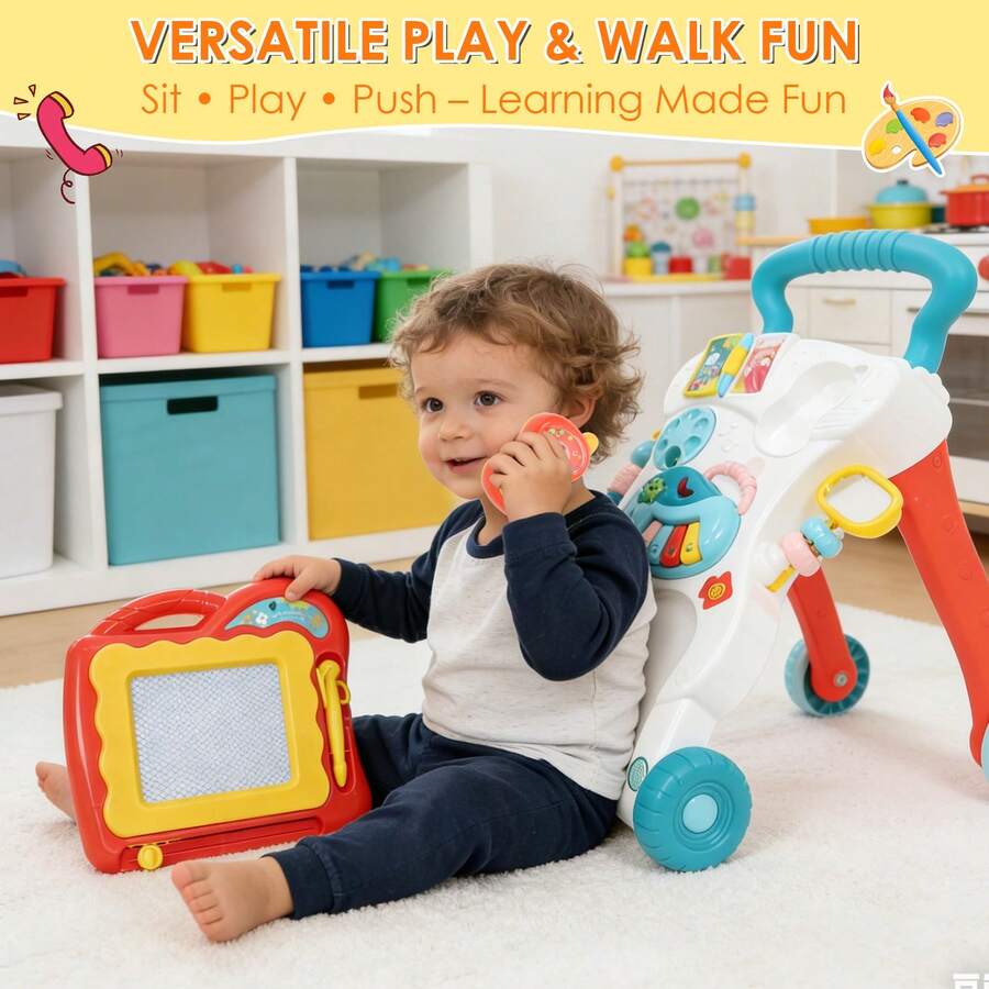 versatile baby walker sit play push lifestyle drawing board pretend phone activity center for toddler - Blue