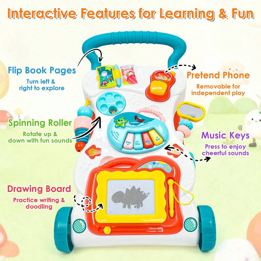 baby push walker interactive features flip book pages spinning roller music keys drawing board guide - Blue