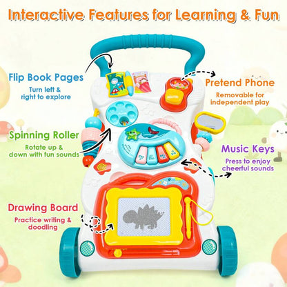 baby push walker interactive features flip book pages spinning roller music keys drawing board guide - Blue