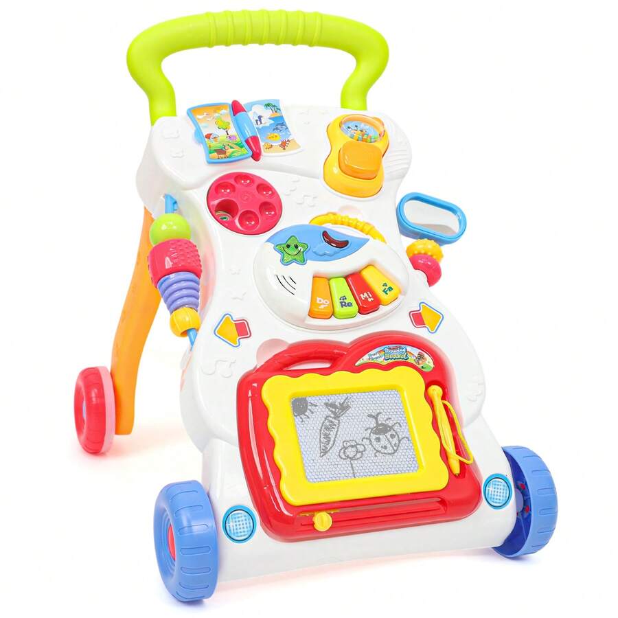 baby push walker activity center 3-in-1 sit play push toy detachable music panel drawing board white bg - Multicolor