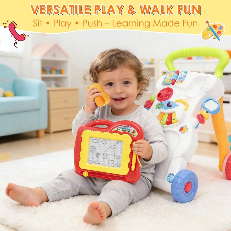 versatile baby walker sit play push lifestyle drawing board pretend phone activity center for toddler - Multicolor