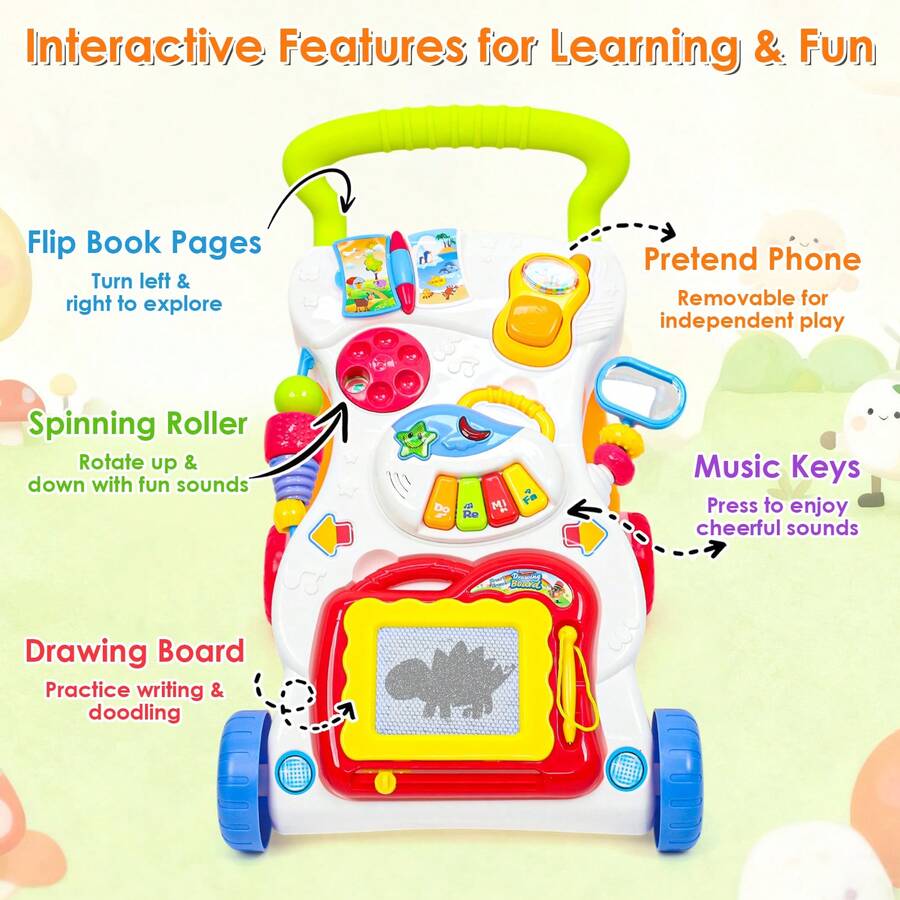baby push walker interactive features flip book pages spinning roller music keys drawing board guide - Multicolor