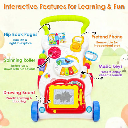 baby push walker interactive features flip book pages spinning roller music keys drawing board guide - Multicolor
