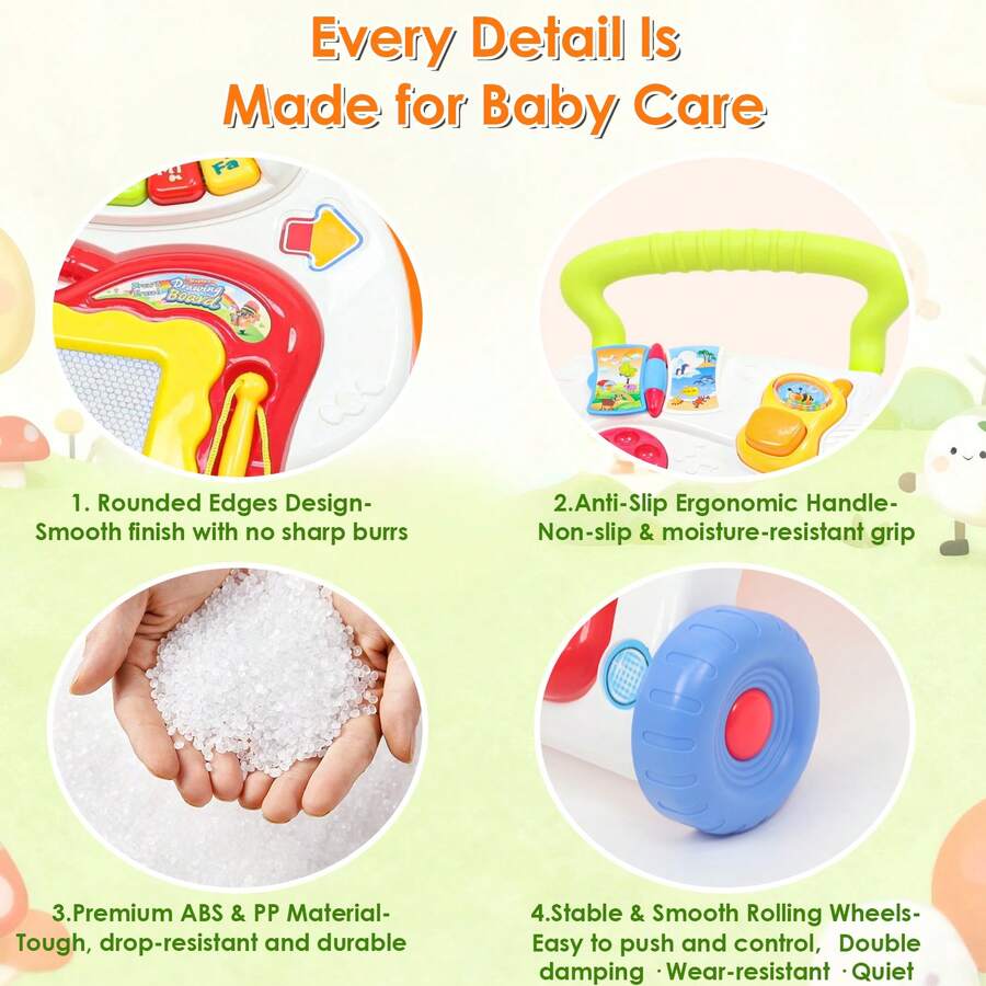 baby push walker safety details rounded edges anti-slip handle ABS PP plastic durable wheels guide - Multicolor