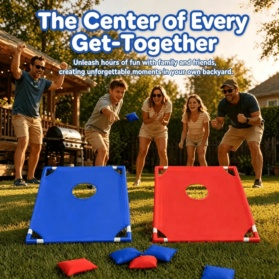 family cornhole toss game for backyard get togethers and barbecue nights, easy party game for all ages, 2 Boards (Red + Blue)