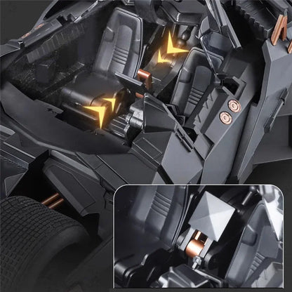 Batman Tumbler diecast model with detailed cockpit seats and interior, 1/18 Batmobile collectible for movie car fans, 2008 Black