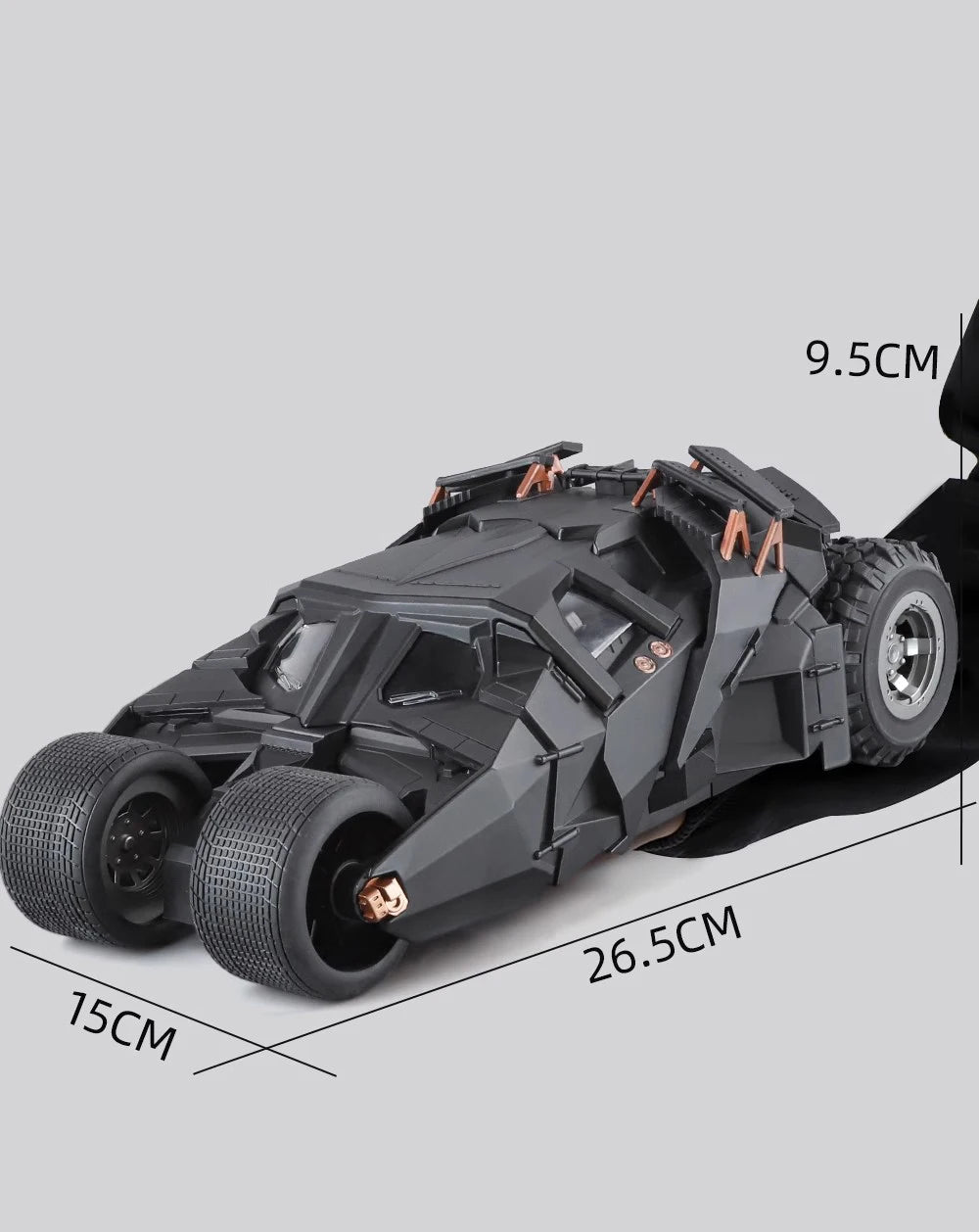 Batman Tumbler 1:18 diecast model car size 26.5 x 15 x 9.5 cm, Batmobile toy car dimensions for display, 2008 Black
