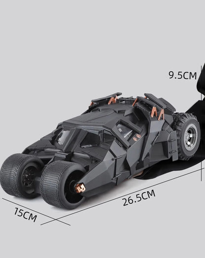 Batman Tumbler 1:18 diecast model car size 26.5 x 15 x 9.5 cm, Batmobile toy car dimensions for display, 2008 Black