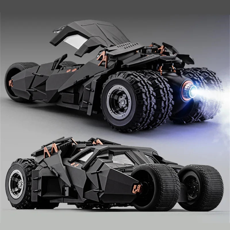 Batman Tumbler toy car with LED headlights and exhaust mist effect, metal Batmobile replica gift for Batman fans, 2008 Black