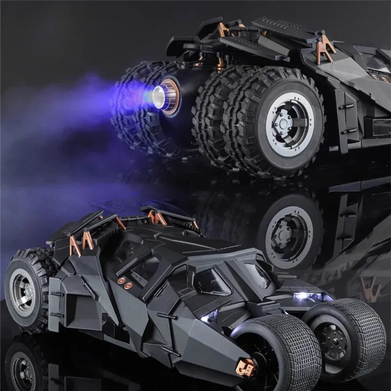 Batmobile Tumbler with rear exhaust mist and LED lights, 1/18 metal Batman car model with sound effects for display, 2008 Black